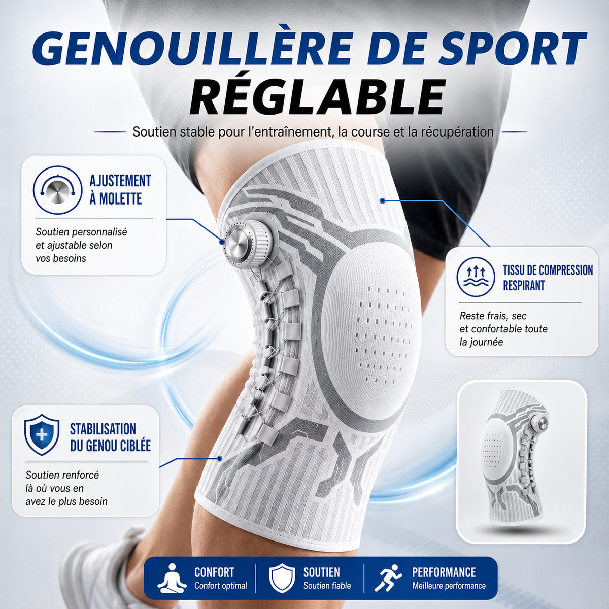 Genouillère Intelligente à Molette — Maintien Rotulien & Stabilisation Articulaire